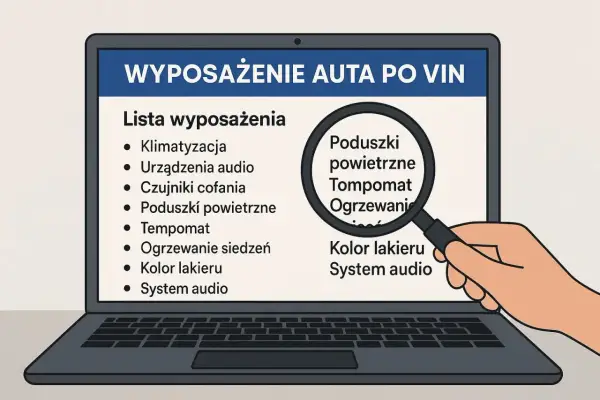 Jak sprawdzić wyposażenie po VIN? Lista na ekranie laptopa pokazuje, co można odczytać, np. poduszki powietrzne, tempomat, kolor lakieru.