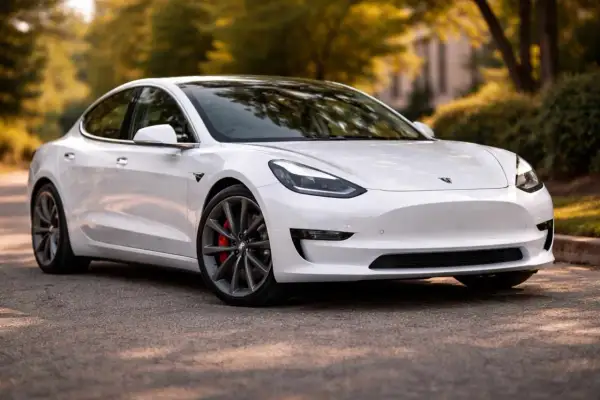 Biały sedan Tesla, amerykańska marka samochodów elektrycznych, zaparkowany na tle jesiennych drzew.
