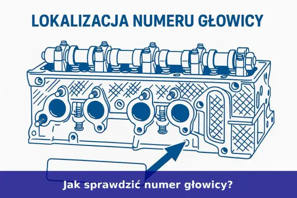 Schematyczny rysunek głowicy silnika z zaznaczonym miejscem, gdzie sprawdzić numer katalogowy części.