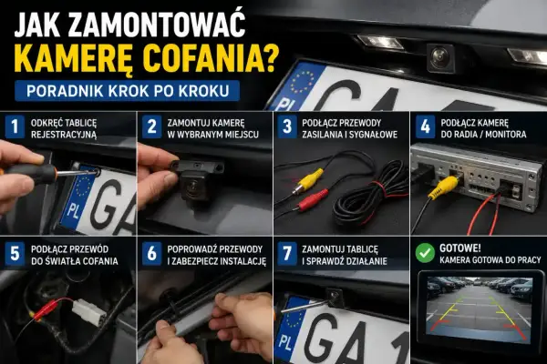 Poradnik montażu kamery cofania: odkręcanie tablicy, mocowanie kamery, podłączanie przewodów zasilania i sygnału do radia/monitora, podłączenie do światła cofania, zabezpieczenie instalacji i sprawdzenie działania.