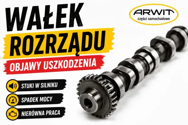 Metalowy wałek rozrządu, kluczowy element silnika, z widocznymi objawami uszkodzenia: stuki, spadek mocy, nierówna praca.