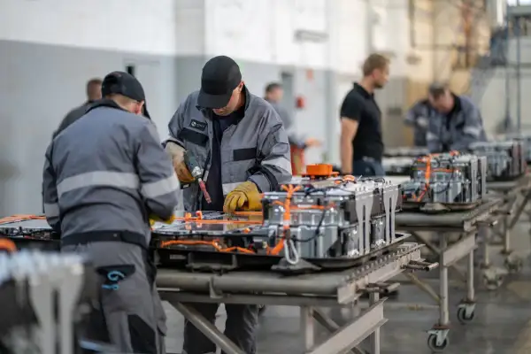 Pracownicy montują moduły baterii do pojazdów elektrycznych. To przyszłość elektromobilności i praca dla wielu.