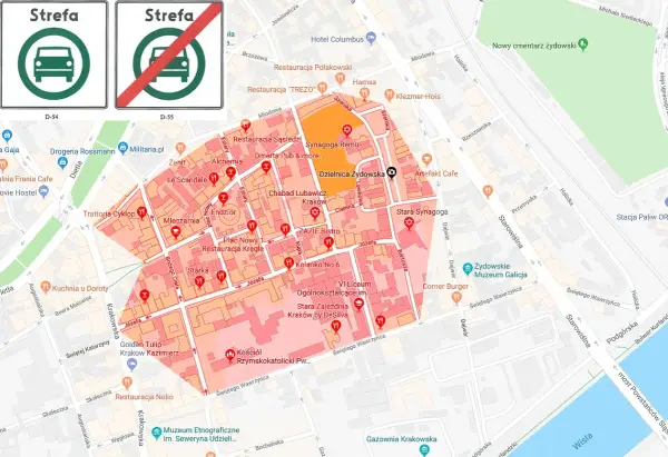 Mapa Krakowa z oznaczeniem strefy ograniczeń wjazdu, wskazująca na normy spalin w centrum miasta.