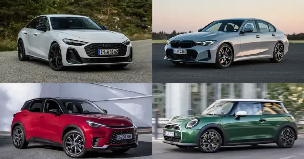 Białe Audi, szare BMW, czerwony SUV i zielony Mini Cooper – cztery marki premium samochodów w jednym kadrze.