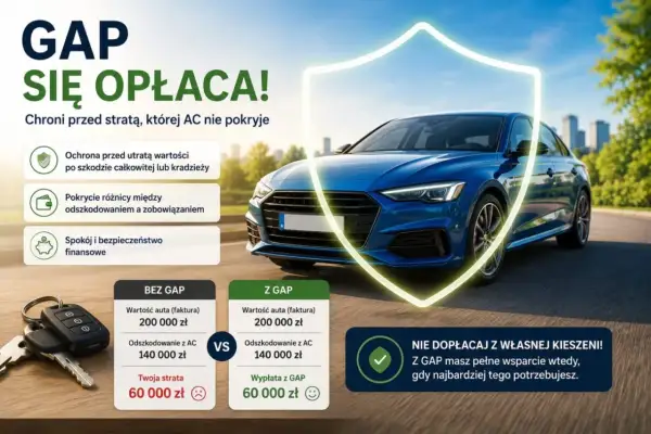 Niebieski samochód pod ochronną tarczą. Porównanie strat bez i z ubezpieczeniem GAP. GAP chroni przed utratą wartości.