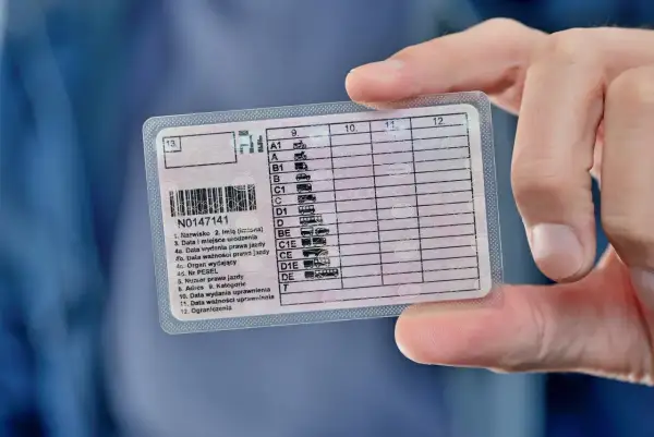 Prawo jazdy z zaznaczonymi kategoriami, w tym kod na okulary. Dokument jest trzymany przez palce.