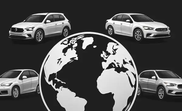 Białe samochody otaczają globus, symbolizując zasięg największych koncernów motoryzacyjnych.