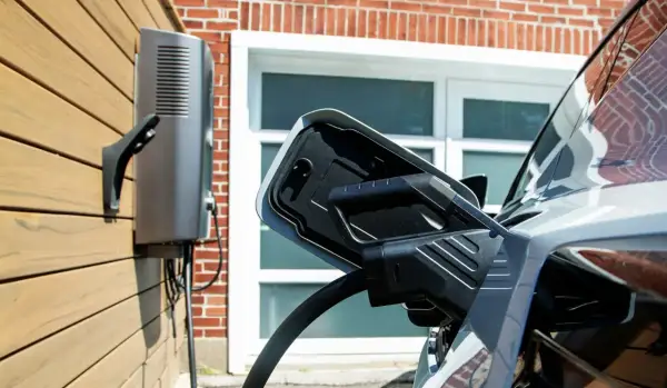 Ładowanie samochodu elektrycznego. Stacja ładująca podłączona do pojazdu, magazyn energii z samochodu elektrycznego gotowy do pracy.