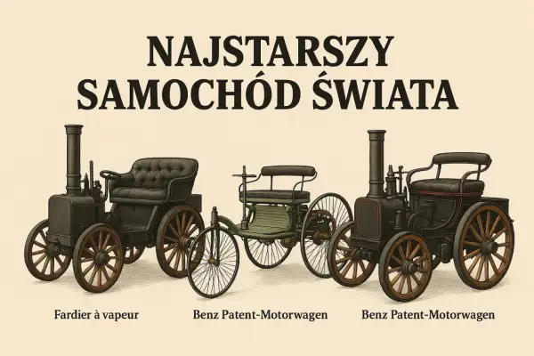 Ilustracja przedstawia trzy zabytkowe pojazdy: parowy Fardier à vapeur oraz dwa Benz Patent-Motorwagen. To najstarszy samochód na świecie i jego poprzednicy.