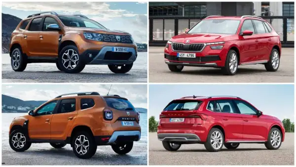 Pomarańczowy Dacia Duster i czerwona Škoda Kamiq. Porównanie prześwitu i możliwości terenowych.