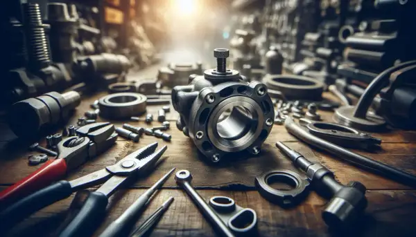 Warsztat mechanika z narzędziami i zaworem. Objawy niedotartych zaworów mogą być widoczne na tym precyzyjnym elemencie.