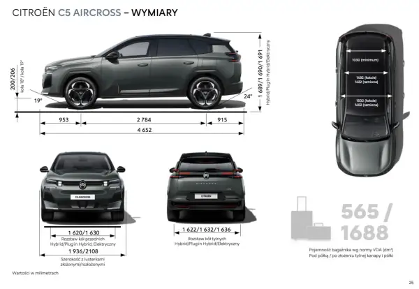 Citroën C5 Aircross: wymiary, w tym pojemność bagażnika 565/1688 dm³ pod półką / po złożeniu kanapy.